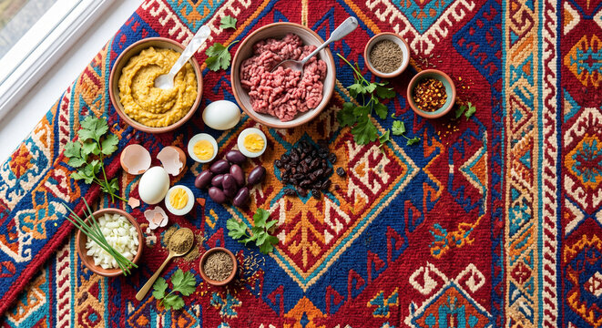 Overhead flat lay of Chilean Pastel de Choclo ingredients on Mapuche textile