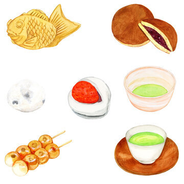 手描き水彩の和菓子セット（たい焼き、みたらし団子、豆大福、苺大福、どら焼き、緑茶、薄茶） / Hand-painted watercolor Japanese sweets set (Taiyaki, Mitarashi Dango, Mame Daifuku, Strawberry Daifuku, Dorayaki, Green Tea, Matcha)