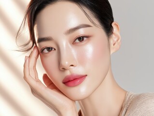 Obraz premium Beautiful young Asian woman with glowing glass skin and natural makeup, professional beauty portrait for skincare advertising, cosmetic branding, fashion editorial and health care
