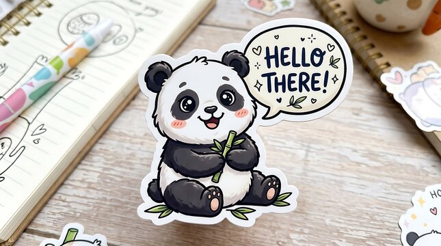 Cute robot character holding hello sign on wooden floor.
