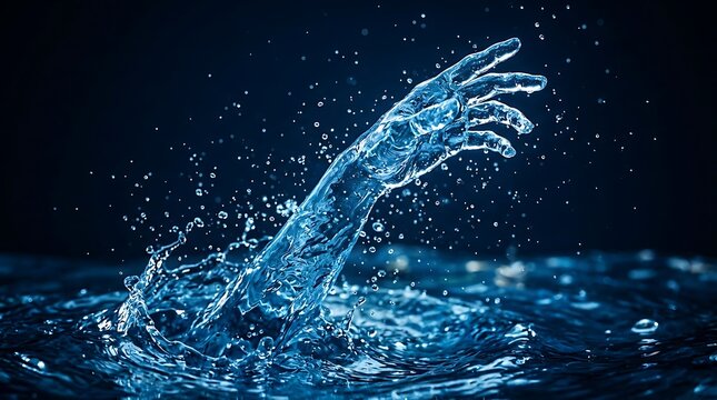 Dramatic hand splash, blue water effect, dynamic movement, aquatic action
