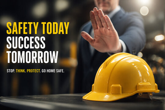 A yellow hard hat rests on a dark surface with a blurred construction worker in the background.