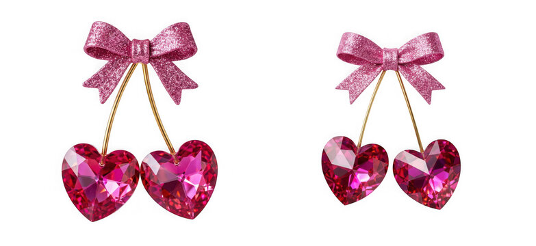 Pair of sparkling pink heartshaped crystal cherry earrings with glittery bows isolated on transparent background