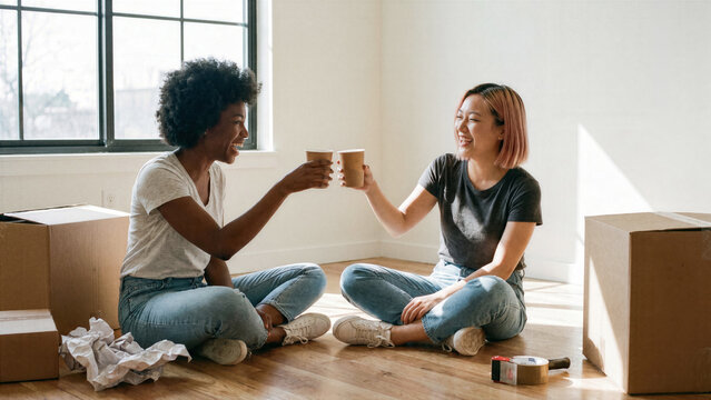 Happy diverse female roommates celebrating moving day with paper cups in empty new apartment
