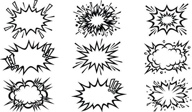 Black and White Comic Book Explosion Burst Speech Bubble Set with Retro Pop Art Style Vector Collection