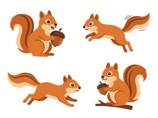 A collection of four cute cartoon squirrels in various poses with acorns. © atar