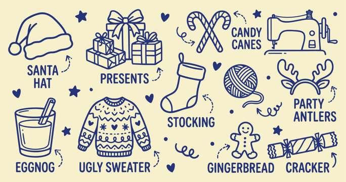 Christmas party doodle vector set with ugly sweater, Santa hat, presents, eggnog, candy canes, and gingerbread.