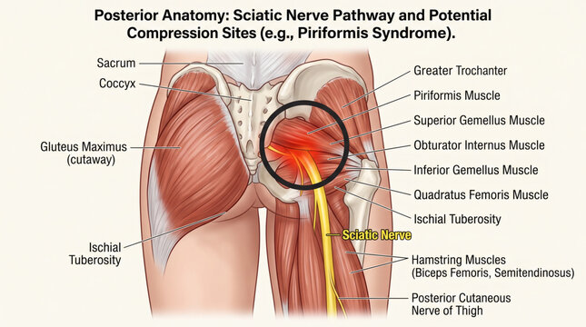 Sciatic Nerve Pathway and Piriformis Muscle Anatomy Illustration