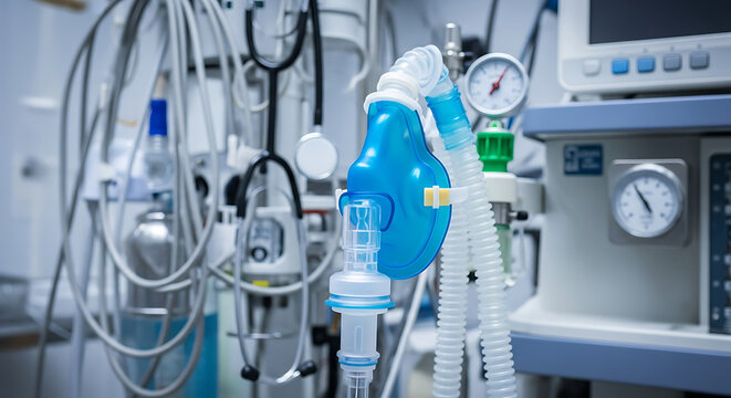 Close-up of a complex medical ventilator machine with a blue mask and various tubes and gauges in a hospital setting.