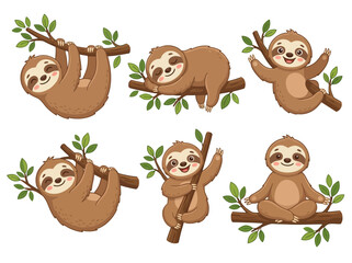 Fototapeta premium A collection of cute cartoon sloths in various poses on tree branches.