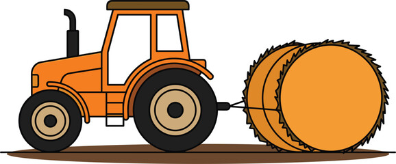 Orange agricultural farm tractor pulling a large round straw hay bale on field vector illustration isolated on white © Afroja