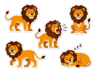 Fototapeta premium A collection of five cartoon lion stickers in various poses and expressions.