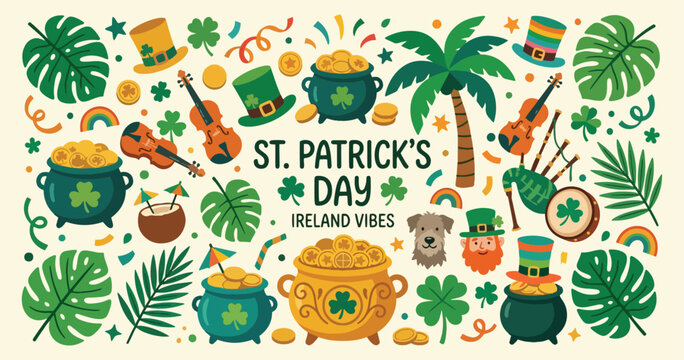 St. Patrick's Day vector elements set with pots of gold, leprechaun hat, fiddle, bagpipes, tropical palm leaves, and Irish clover.