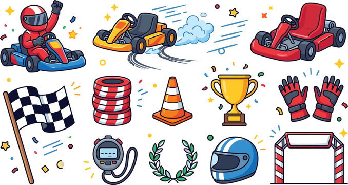 Go kart racing cartoon doodle vector elements set featuring colorful karts, professional driver helmet, checkered flag, gold trophy cup, stopwatch, tires, and traffic cone.