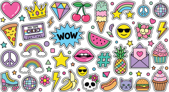 Large Colorful Retro Girly Sticker Set with Emoji Food Rainbow Peace Sign Cassette and Party Elements Vector Collection
