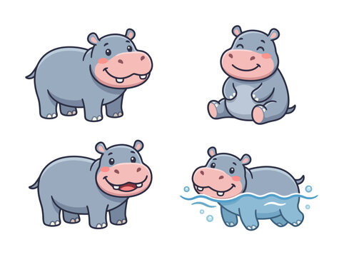 A set of four cute cartoon hippopotamus characters in various poses.