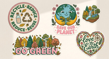 Fototapeta premium A set of environmental-themed stickers promoting eco-friendly habits and nature conservation with vintage illustration style.