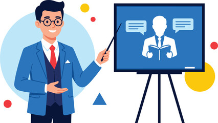 Professional business coach or teacher presenting digital conference data on blackboard screen using training pointer stick © Afroja