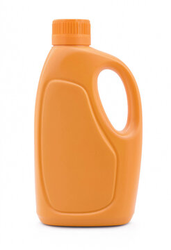Orange plastic bottle with handle for detergent or cleaning liquid
