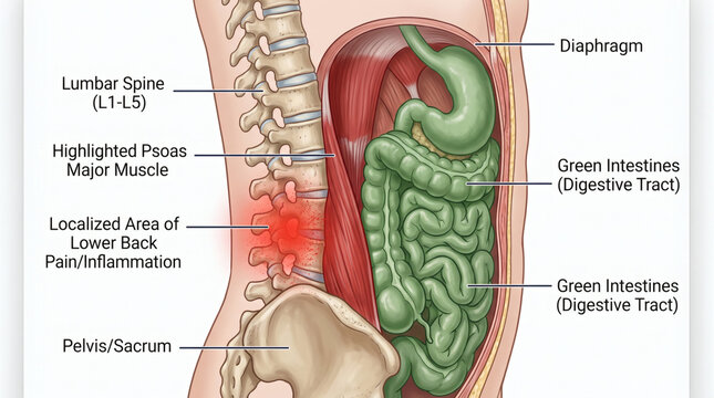 Human anatomy diagram showing lumbar spine inflammation and psoas muscle