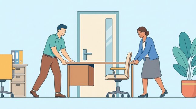 Two workers are moving a desk and chair to barricade a door as part of a workplace violence prevention initiative.