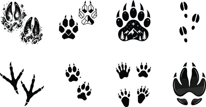 Animal tracks and paws silhouette vector set featuring wildlife footprints bird claws and mountain nature bear print