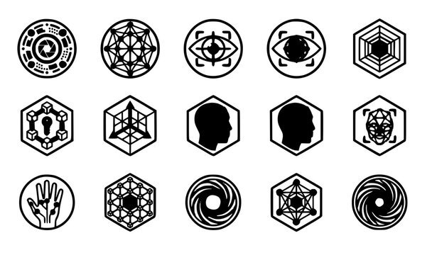 Augmented Reality Geometric Badge Vector Icons Abstract VR Gaming and Cyberspace Symbols