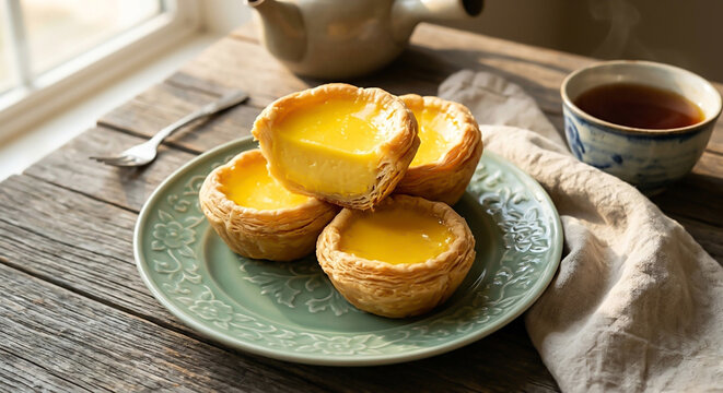 Freshly baked Hong Kong style egg tarts served with Chinese tea on rustic wooden table in warm morning light..