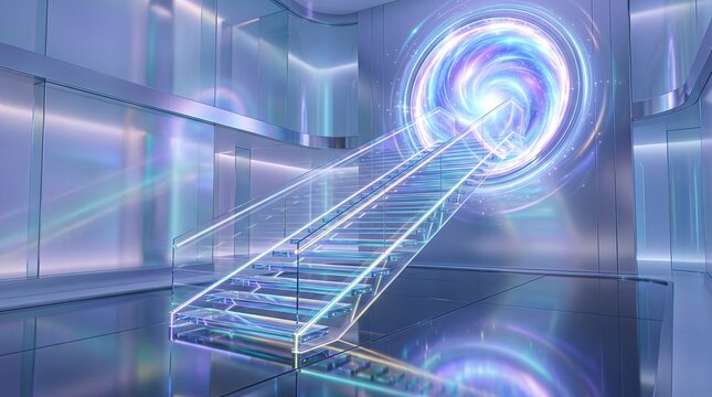 Futuristic staircase with neon lights and a swirling portal in a sleek metallic room