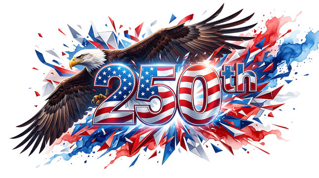 250th anniversary celebration graphic with american bald eagle and patriotic red white and blue flag pattern typography isolated on transparent background