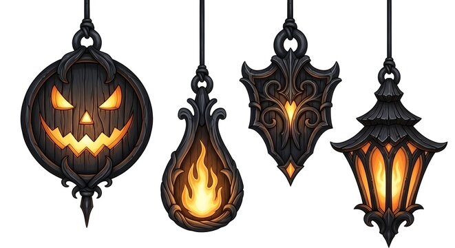 Set of ornate gothic hanging lanterns with glowing fire and carved pumpkin faces isolated on white background