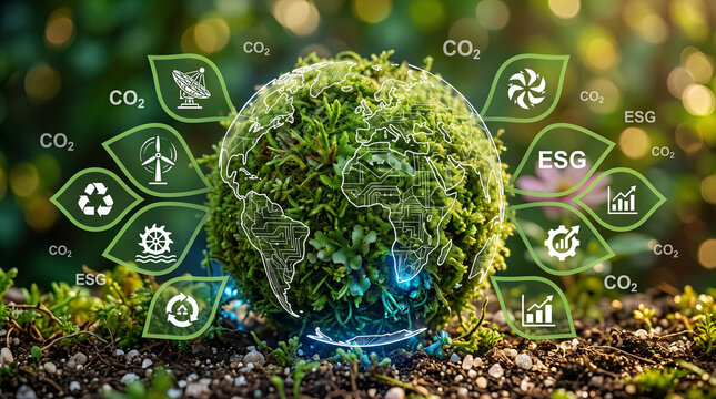 A moss-covered globe overlaid with digital lines, surrounded by ESG and sustainability icons, symbolizing eco-friendly global development.