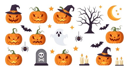 Naklejka premium Halloween vector icon set with pumpkins, witch hats, ghost, tombstone, bats, spider, tree, moon, and candles