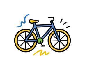 Fototapeta premium A cheerful blue bicycle with yellow wheels rides along with playful abstract shapes and lines