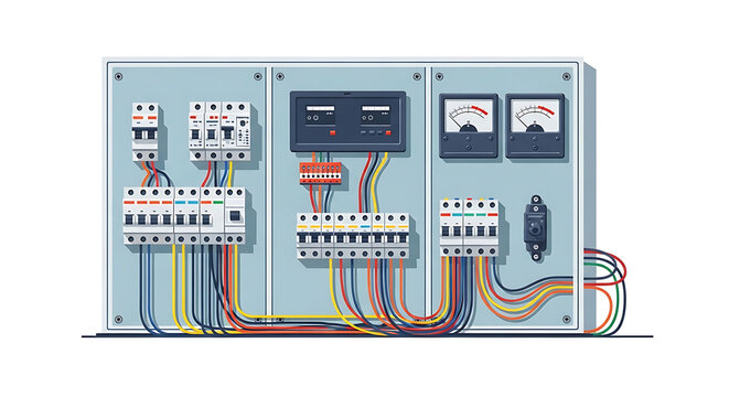 Electrical distribution board with circuit breakers and control meters