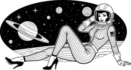 Vintage black and white vector illustration of a beautiful pin up astronaut woman sitting in space with planets and stars.  © Ahsan