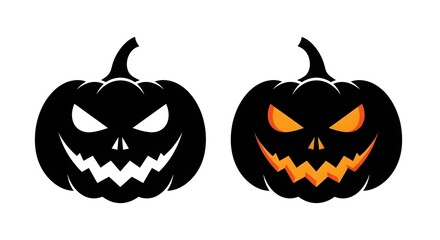 Obraz premium Set of two scary halloween pumpkin silhouettes with glowing eyes and mouth isolated on white background