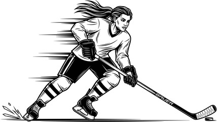 Fototapeta premium Female ice hockey player skating fast with puck, dynamic sports illustration, black and white vector art, athletic woman on ice. 