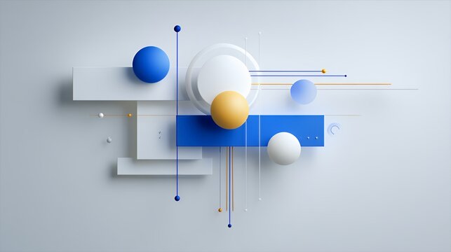 3d minimalist abstract geometric composition with spheres, rectangles and thin lines floating on white background, modern layout.