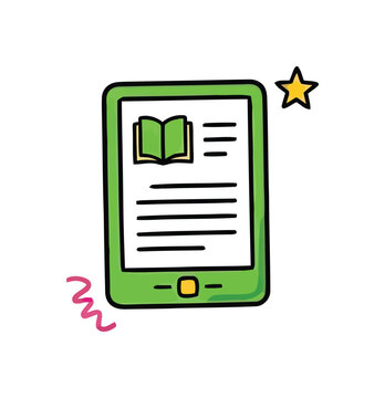 Green electronic book reader displays an open book and text with a star symbolizing learning and knowledge