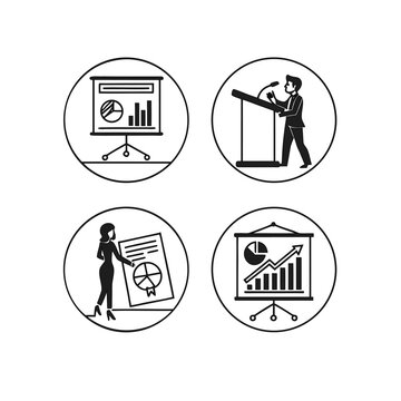 Set of monochrome business presentation icons featuring professional speakers and analytical data charts for corporate reporting and training materials