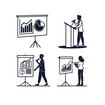 Business presentation and public speaking icon set featuring speakers, podiums, and data charts for corporate communication