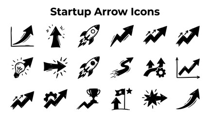 Fototapeta premium Collection of black and white icons representing startup growth, success, innovation, and progress.