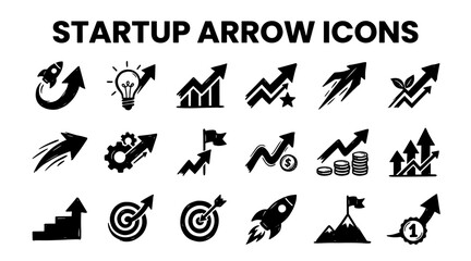 Fototapeta premium Collection of hand-drawn arrow icons representing startup growth, success, innovation, and business progress.