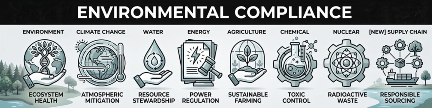 This graphic outlines core areas of environmental compliance, including ecosystem health, climate mitigation, water resource stewardship, and more.