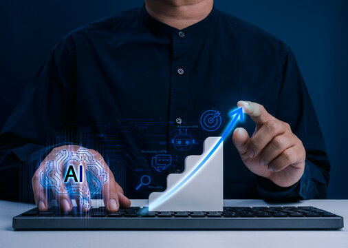 AI-driven business growth concept featuring artificial intelligence analytics, productivity improvement, revenue growth and ROI optimization. Enterprise AI strategy and digital transformation success.