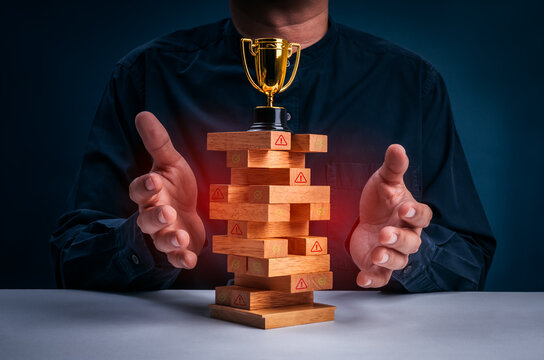 Enterprise risk management concept featuring stability tower with compliance indicators and success trophy. Internal controls, risk monitoring, crisis prevention, governance, and business resilience.