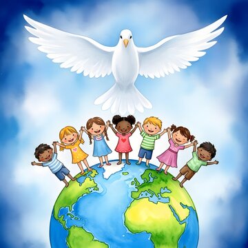 Diverse children holding hands atop globe with dove flying overhead illustration International Peace Day