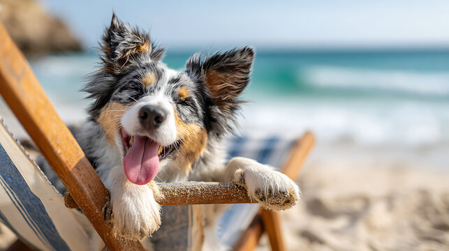 Dog relaxing awkwardly on a beach chair with tongue out, creating a funny summer scene of carefree pet leisure.