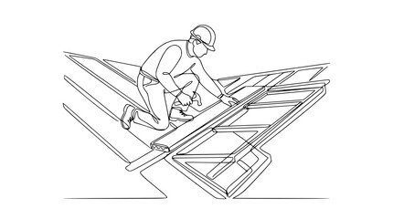 Obraz premium Construction worker installing roof tiles on a building under construction, one line drawing